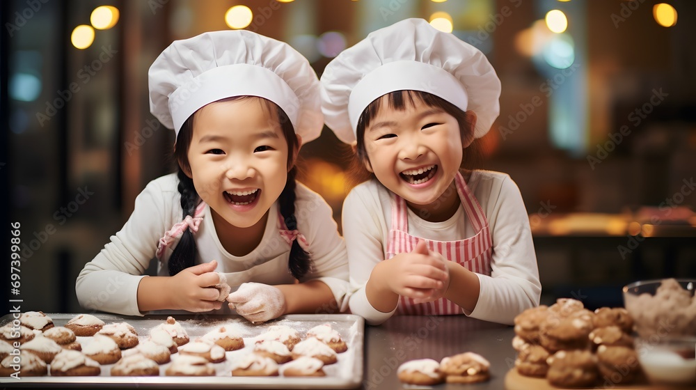 Two young chefs enjoying making cookies in the kitchen Two young chefs enjoying making cookies in the kitchen