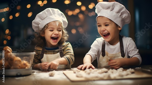 Two young chefs enjoying making cookies in the kitchen