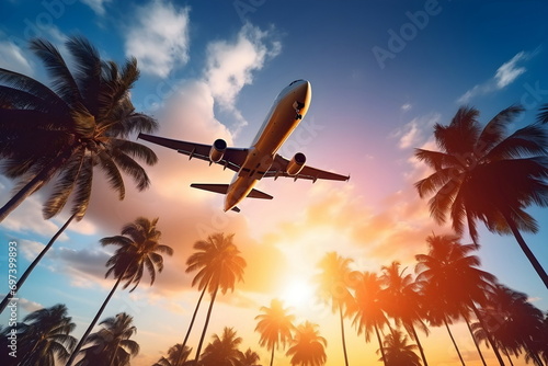 airplane flying above palm trees in sunset sky