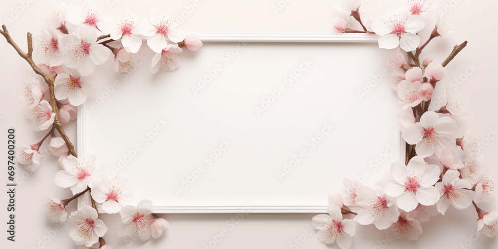 branches of cherry blossoms surrounding a white sheet of paper in form of a frame, with a place for text,on a delicate peach background,a spring banner,a design concept for spring marketing materials branches of cherry blossoms surrounding a white sheet of paper in form of a frame, with a place for text,on a delicate peach background,a spring banner,a design concept for spring marketing materials