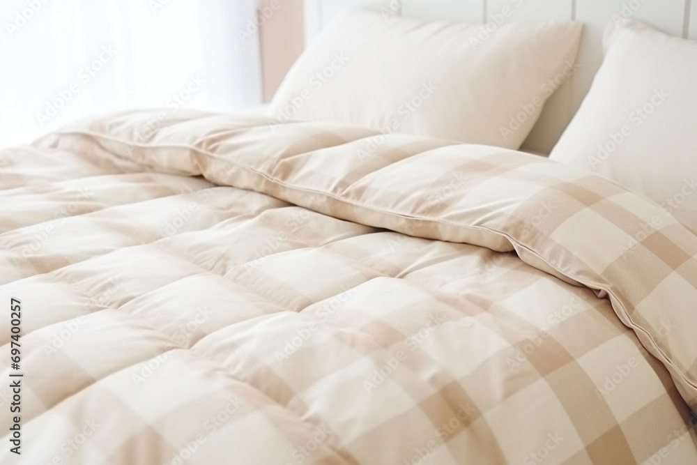 beige soft plaid duvet lying against the background of the headboard with pillows,close-up,the concept of preparing for the winter season,household chores,comfort in the house,hotel and home textiles