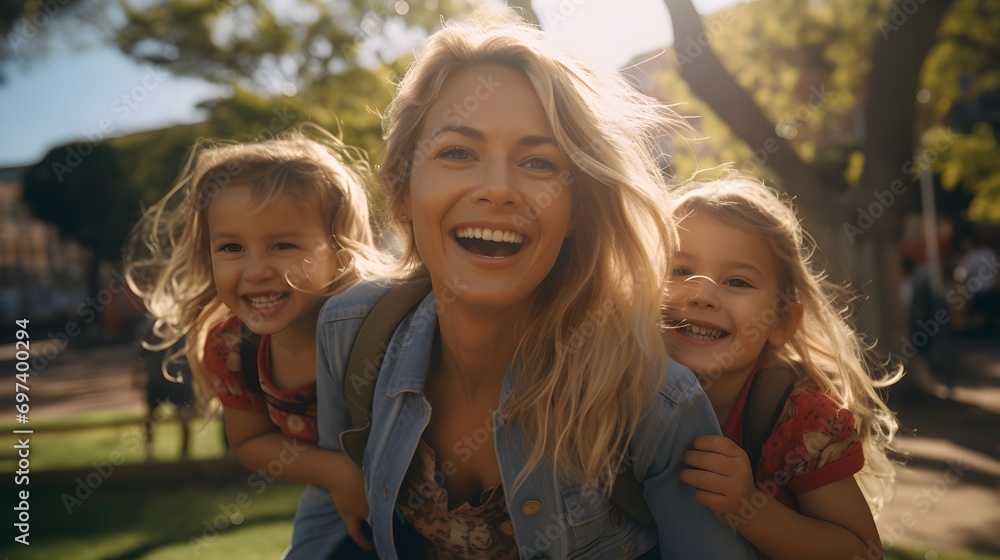 Fototapeta premium Mom gives her children a piggyback in the park all smiling 