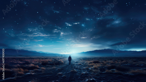 Desert landscape night with solitary person