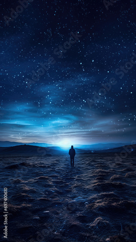 Desert landscape night with solitary person