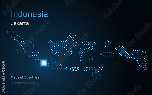 Indonesia Map with a capital of Jakarta Shown in a Microchip Pattern with processor. E-government. World Countries vector maps. Microchip Series	