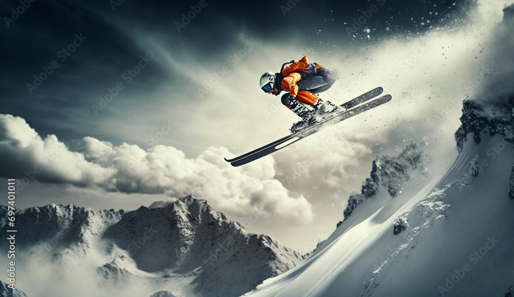 snowboarder rides in the mountains. Generative AI,