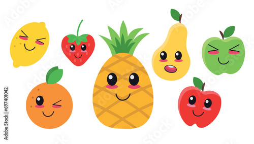 A set of cute fruits with vector emotions isolated on a transparent background. banana, apple, pear, pineapple, orange, lime, lemon, cherry, strawberry, grape. cute cartoon style