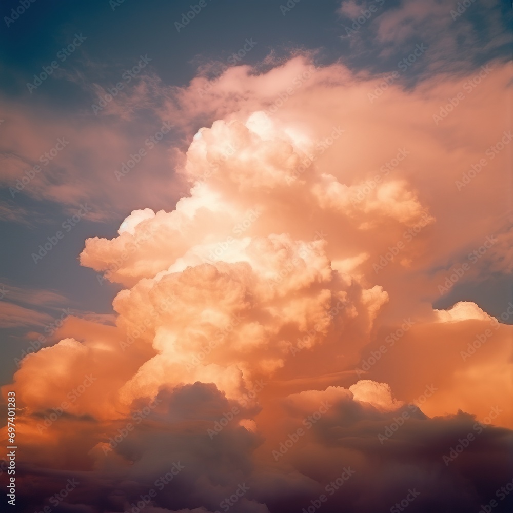 beautiful photography of clouds in the sky, rich orange colour grade, middle parting of the clouds to reveal the sky, film photography, photo realistic, kodak stock