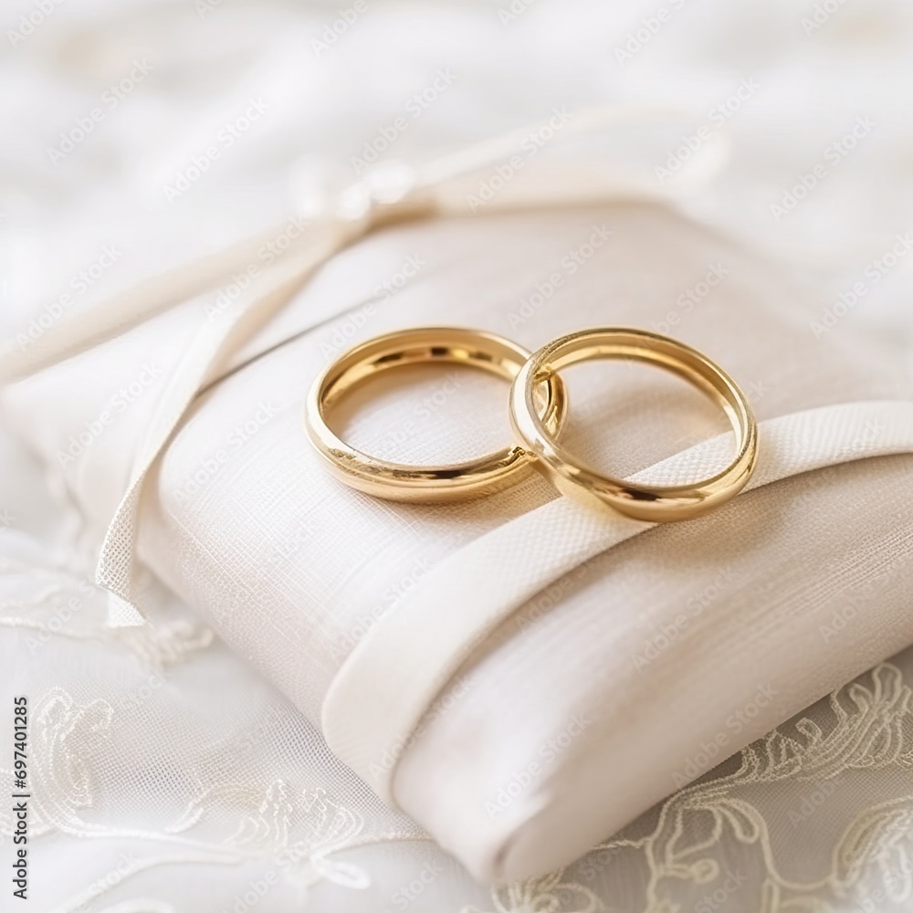 Gold wedding rings on white ring pillow. Wedding banner design with copy space Gold wedding rings on white ring pillow. Wedding banner design with copy space