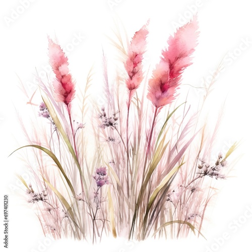 pink watercolor wildflowers meadow pampas grass, wispy, white background