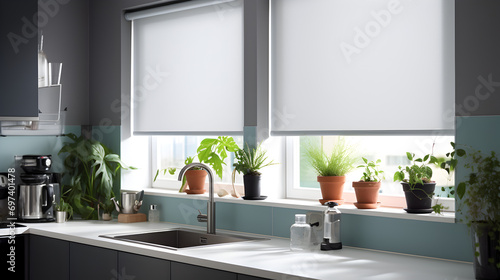 Modern Kitchen Interior in a House with Shades and Blinds and Plants