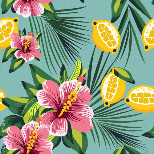 Vector bright summer pattern with tropical flowers, lemon, and green palm leaves on a blue background. Floral fashion ornament for women clothing, fabric, textile, paper, notepad, card, packaging.