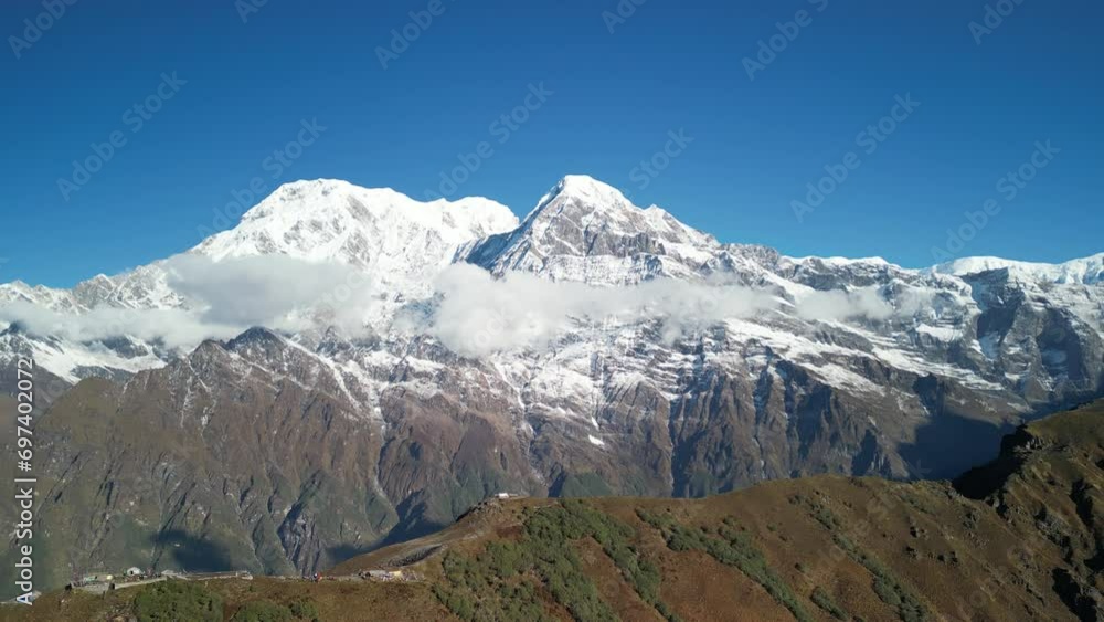 Annapurna view and Machapuchare snowcapped peak in the Himalaya mountains, Nepal 4K Annapurna view and Machapuchare snowcapped peak in the Himalaya mountains, Nepal 4K