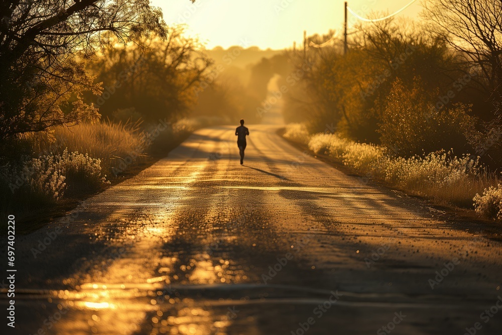 Solitary Runner on a Sunlit Country Road at Dawn