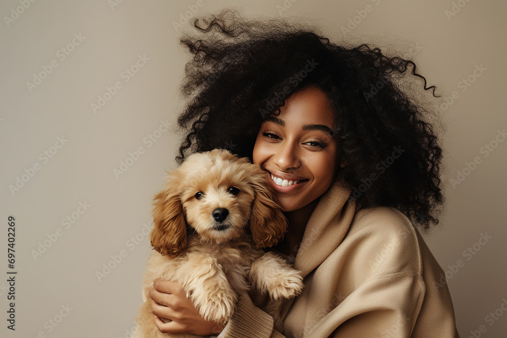 Portrait of young beautiful black woman with her cute puppy Portrait of young beautiful black woman with her cute puppy