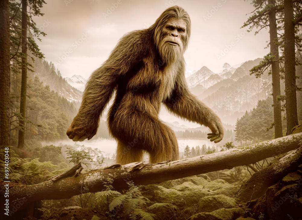 A Bigfoot standing in the middle of a forest in a picture style 19th ...