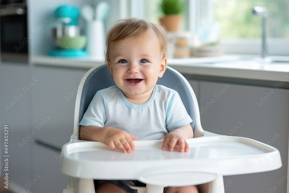 Happy baby in green feeding chair Happy baby in green feeding chair
