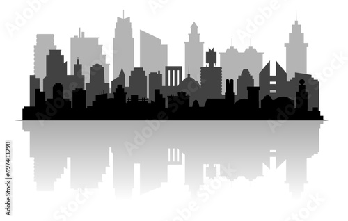 Modern city landscape with skyline silhouettes of skyscrapers and buildings, reflection in water, vector illustration on transparent background