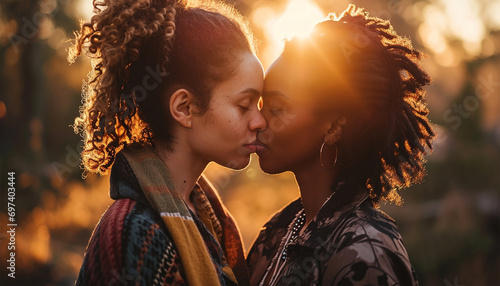 Two young lesbian woman from different ethnicities Mixed race lesbian love concept. Two young positive girls of different ethnics kissing in love. Romantic proud queer concept
