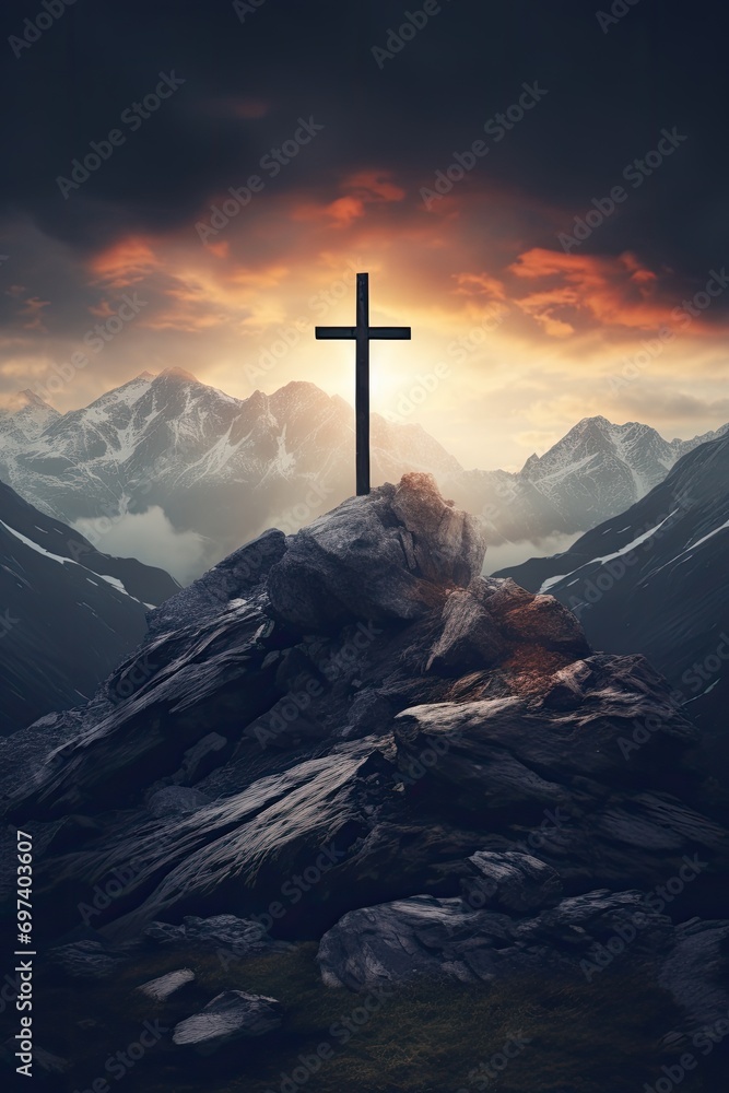 Beautiful mountain landscape with a cross Beautiful mountain landscape with a cross