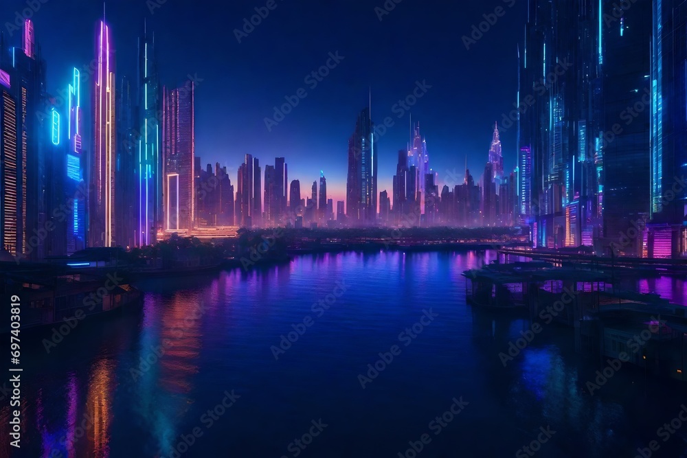 A futuristic cityscape at twilight, with towering skyscrapers aglow in neon lights and holographic displays, presenting a luminous extravaganza amidst the bustling urban landscape