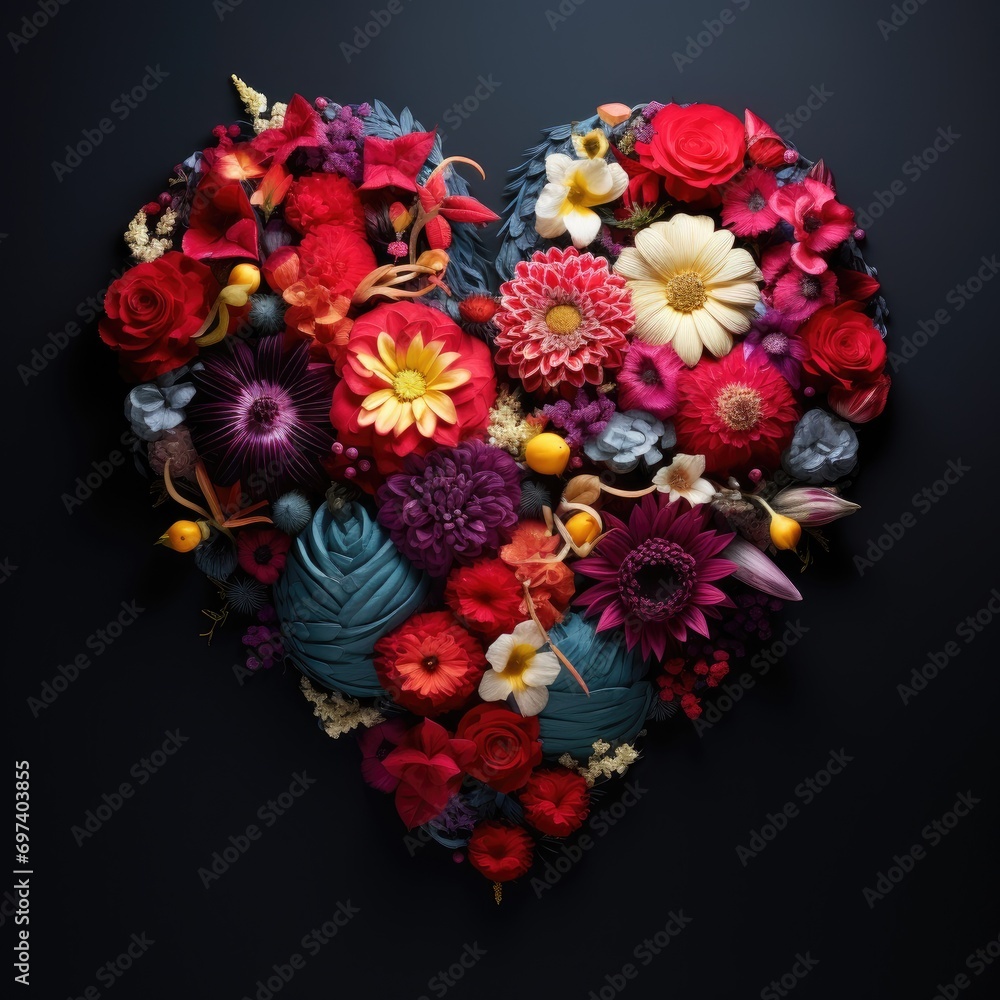 Heart shape made of flowers black background, valentines