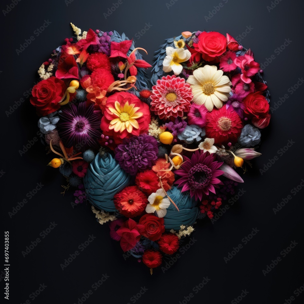 Heart shape made of flowers black background, valentines Heart shape made of flowers black background, valentines