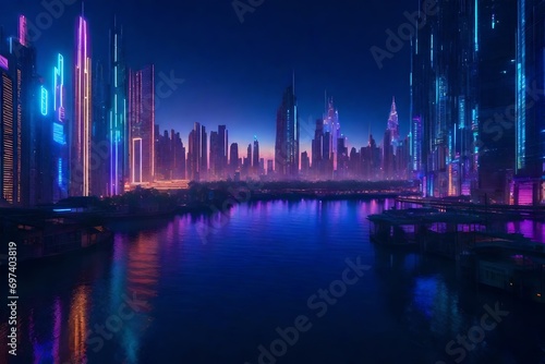 A futuristic cityscape at twilight  with towering skyscrapers aglow in neon lights and holographic displays  presenting a luminous extravaganza amidst the bustling urban landscape