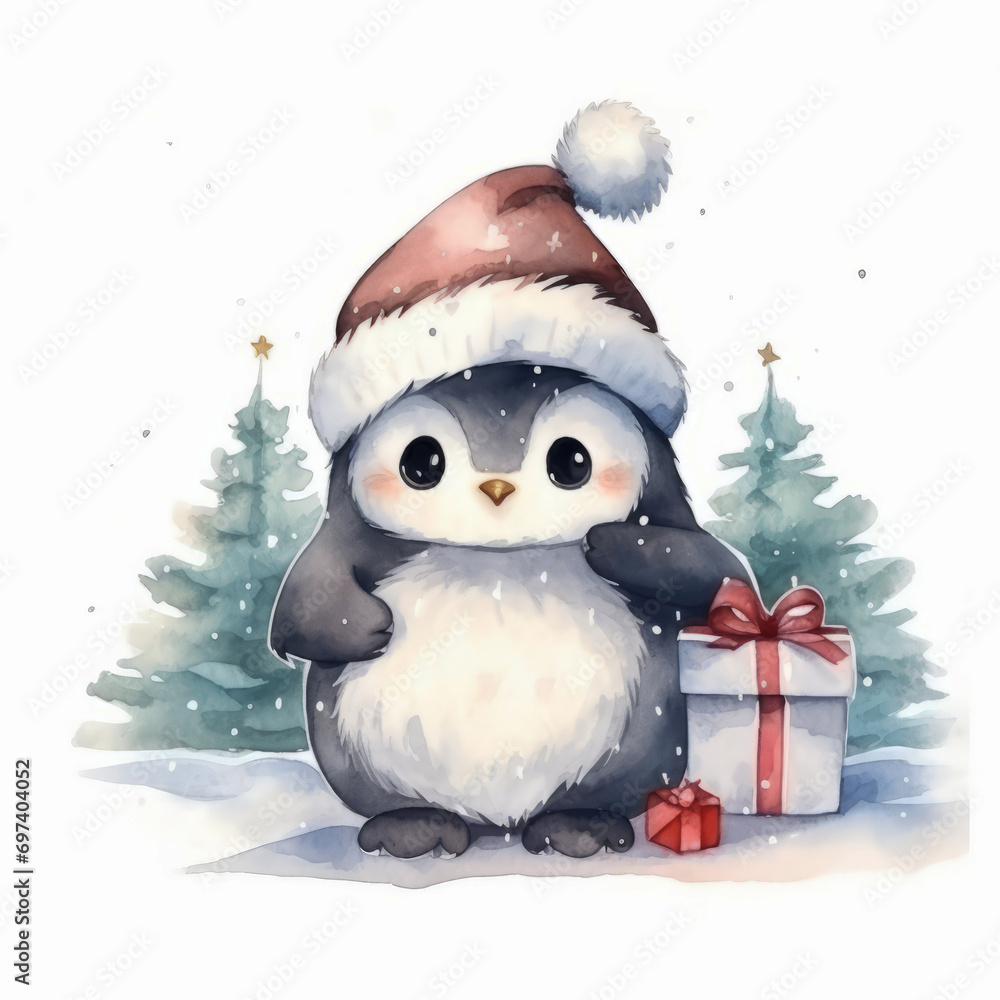 Watercolor painting of a penguin next to a christmas Watercolor painting of a penguin next to a christmas