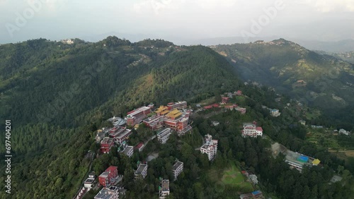 Sunset above valley Buddhist monastery Nepal in the Himalaya mountains