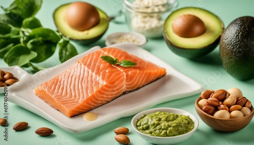 Keto-Friendly Meal with Salmon, Avocado, Eggs, and Nuts on Green Background