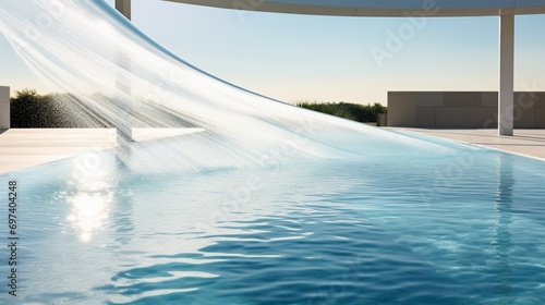 An outdoor pool with a linear design and water spouts creating a rhythmic display
