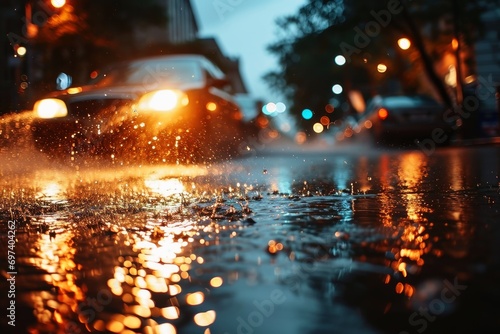 A car drives through a puddle in the rain not caring about pedestrians.