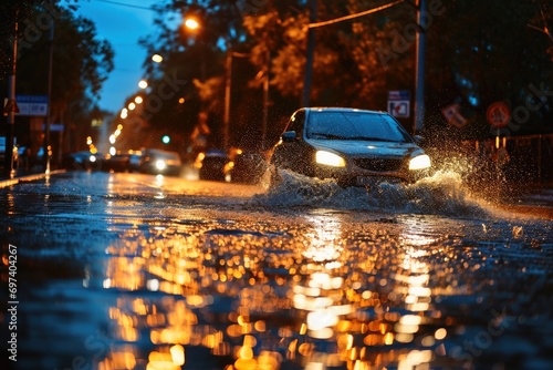 A car drives through a puddle in the rain not caring about pedestrians. photo