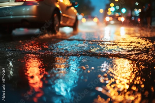 A car drives through a puddle in the rain not caring about pedestrians.
