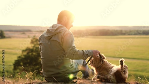 Cocker spaniel dog gives paw and rolls over playing with man owner in country field at sunset man trains smart ginger dog resting in summer park man strokes tummy of fluffy spaniel dog in dusk field photo