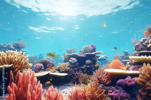 Underwater view of coral reef and tropical fish. 3D Rendering
