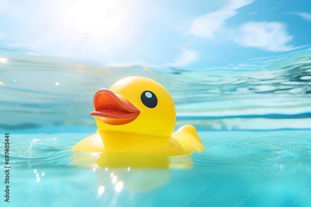 Bright rubber duck cheerfully bobbing on clear blue pool water under a sunny sky. Kids toy for swimming in the pool, summer activities Bright rubber duck cheerfully bobbing on clear blue pool water under a sunny sky. Kids toy for swimming in the pool, summer activities
