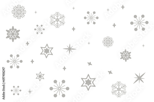 Silver and grey glitter snowflakes border falling on white background. Luxury Christmas garland frame. Winter ornament for packaging  card  banner