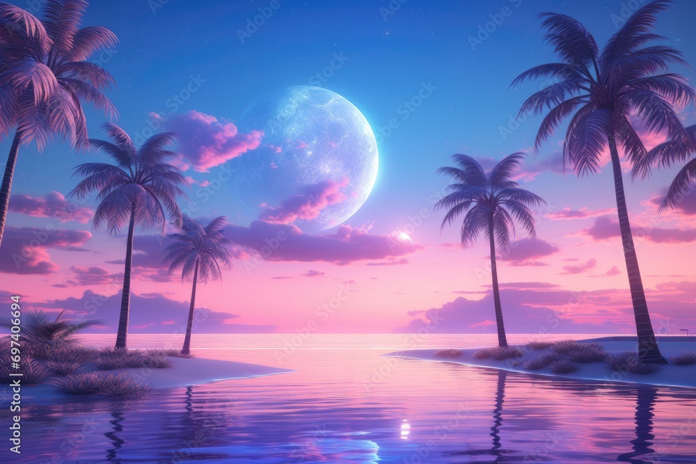 Luminous Retrofuturistic Moonrise Over Tropical Beach