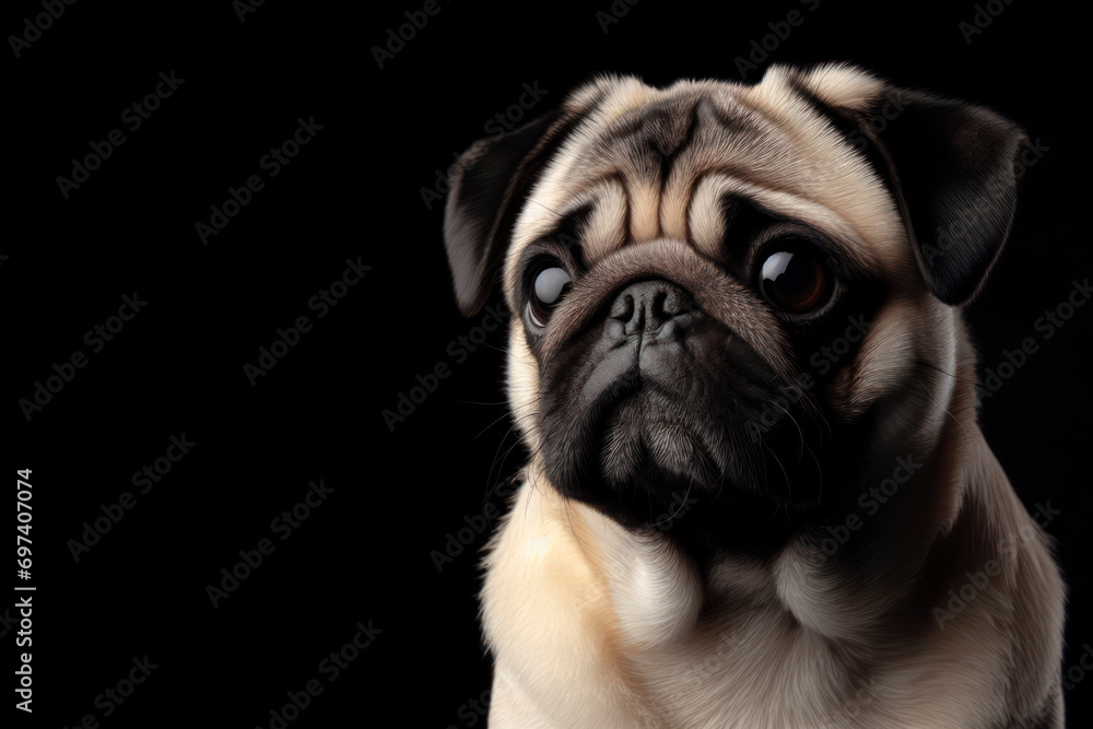 a Pug dog isolated on black background. ai generative