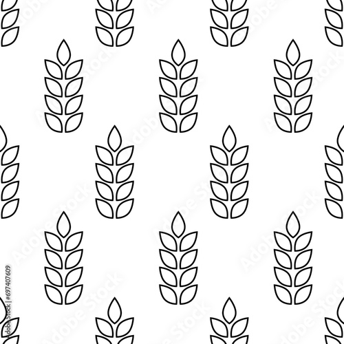 Wheat seamless pattern. Repeating black grain wheats on white background. Repeated flour patterns. Spike corn. Texture bakery. Repeat beer ear. Design for bread cereal prints. Vector illustration