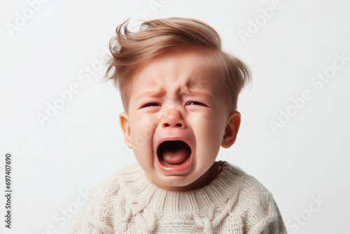 a closeup photo of a cute little baby child crying and screaming isolated on white background. ai generative
