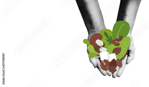 Vegan healthy food concept background. Halftone hands holding handful of vegetables, beans, mushrooms, nuts and tofu. Balanced vegetarian diet. Vector illustration isolated on white