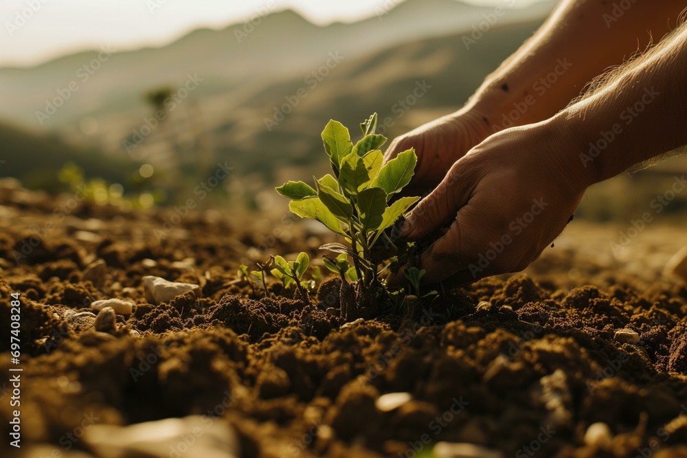 Fototapeta premium Sustainable Agriculture: Planting Young Tree in Soil