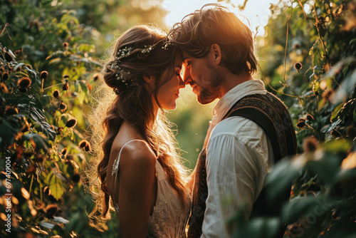 The groom and the bride kissing together in a landscape place photo