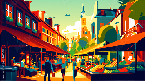 A city square with a lively farmer's market. vektor icon illustation