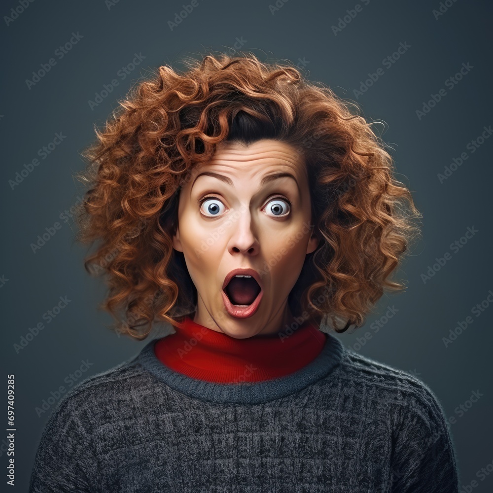 Close-up photo of a surprised woman in a sweater and bouffant hairstyle. AI generated. Close-up photo of a surprised woman in a sweater and bouffant hairstyle. AI generated.