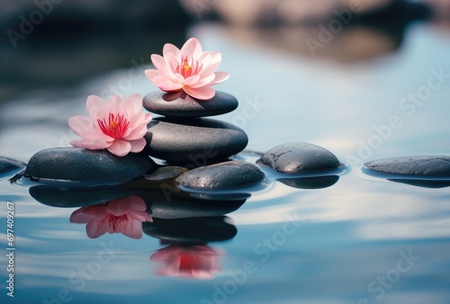 Black smooth stones with flowers against the backdrop of calm water for relaxation and SPA. AI generated.