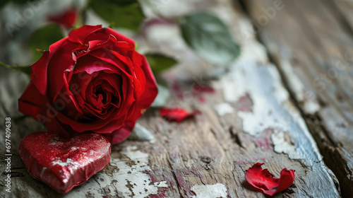 Valentines day background with red rose and heart on decay wooden table.
